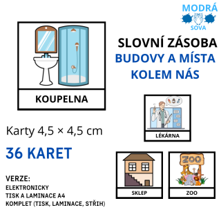 Základní slovní zásoba BUDOVY a MÍSTA KOLEM NÁS (36 kartiček), kartičky 4,5 x 4,5 cm